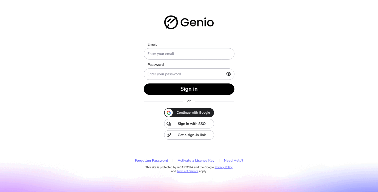 The Genio login screen